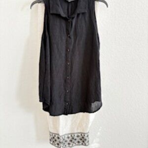 BOSTON PROPER SET - FLAX LINEN PANTS W/EMBROIDERY & BLACK SLEEVELESS TOP, SIZE L